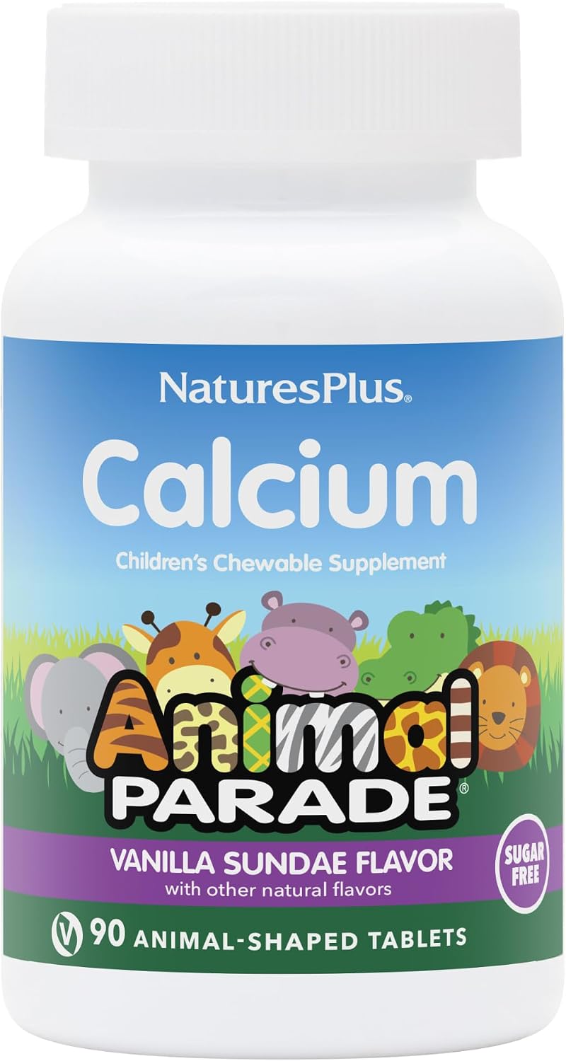 NaturesPlus Animal Parade Calcio sin Azúcar para Niños, Sabor Sundae de Vainilla - 90 Tabletas Masticables con Forma de Animales