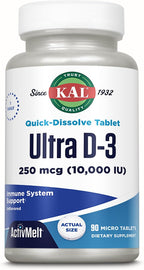 KAL Ultra Vitamina D3 10000 UI (250 mcg) - ActivMelt de Disolución Rápida - 90 Microcomprimidos