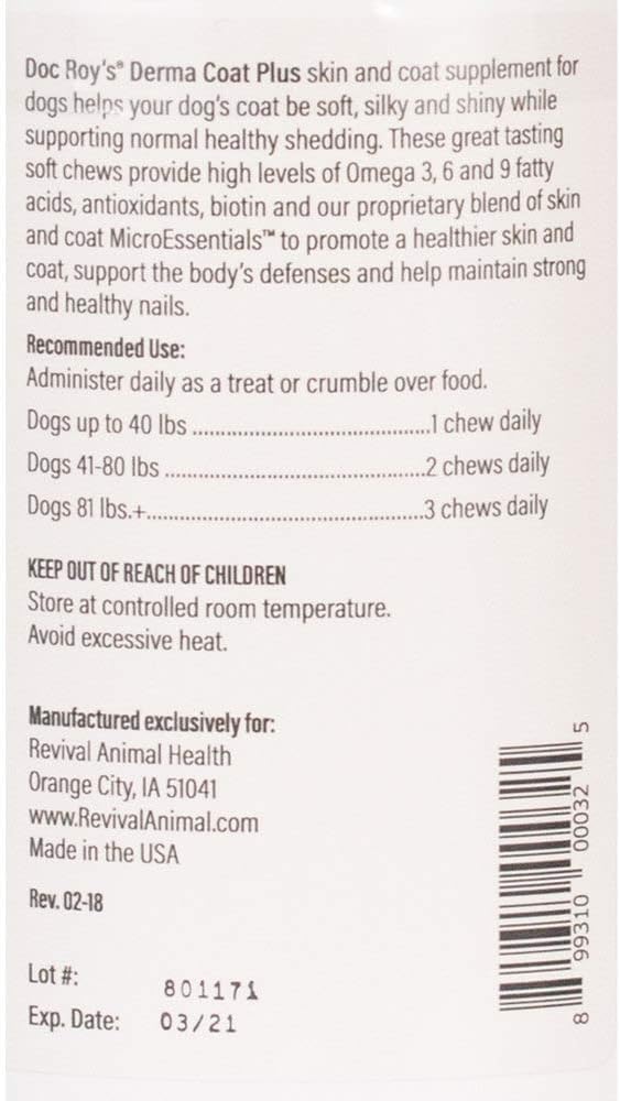 Suplemento Doc Roy's Derma Coat Plus para perros, apoya la piel, el pelaje y las uñas saludables, con ácidos grasos Omega 3-6-9, biotina y antioxidantes, 60 unidades para perros medianos y grandes