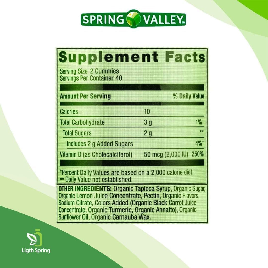 LightSpring Vitamin D3 Gummy 2000 UI - 80 Gominolas Sabor Naranja, Limón y Fresa
