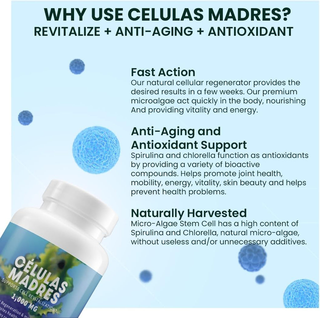 4 Células Madres AFA Stem Natural Cell - 60 Cápsulas - 1.000 mg - Alga Verde Azul - Sin OMG - Sin Gluten