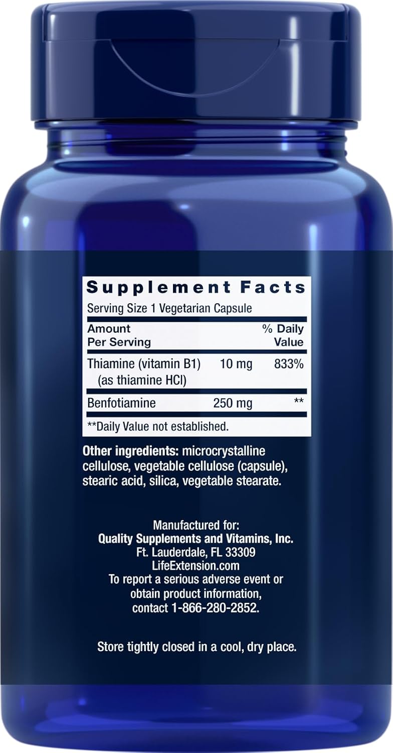 Life Extension Mega Benfotiamine, 250 mg, 180 Cápsulas Vegetales con Tiamina - Suplemento de Vitamina B1