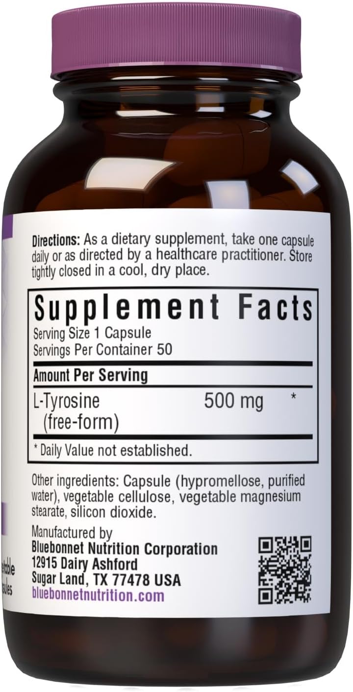 Bluebonnet L-Tirosina 500 mg, 50 Cápsulas Vegetales