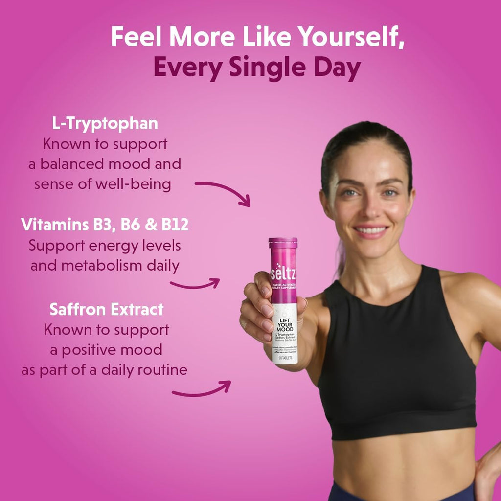 Seltz Mood Support Drink Tablets, Effervescent Tablets to Lift Your Mood, Saffron Supplement, with L-Tryptophan B3, B6, B12, Mood and Energy Support, Cherry Vanilla Flavor, 120 Tabs 6 Pack