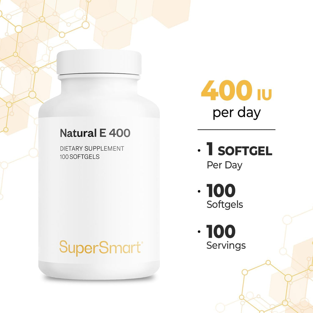 Supersmart Natural E 400 (D-Alfa Tocoferol) 1200 UI al día - Suplemento de Vitamina E de Alta Absorción | No OGM - 100 Cápsulas Blandas