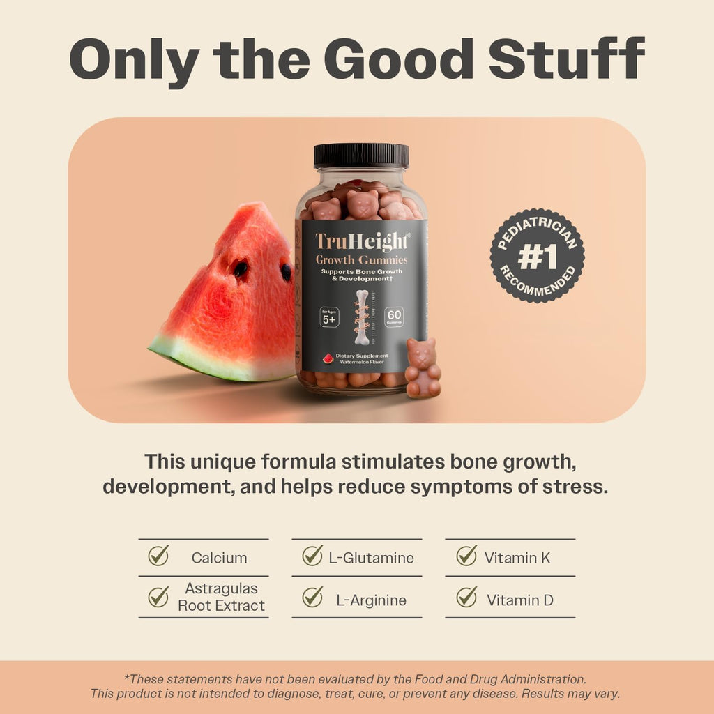 TruHeight Growth Gummies (Sandía) - Suplemento de Crecimiento Natural para Niños y Adolescentes - Vitaminas D, K, Calcio y Ashwagandha