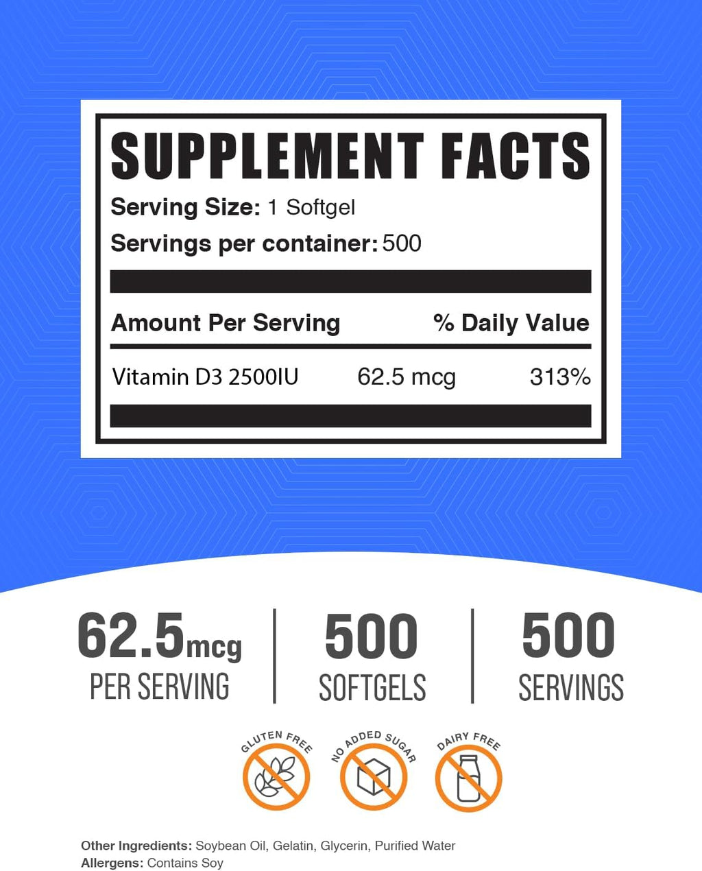 BulkSupplements.com Vitamina D3 2500 IU - 500 Cápsulas Blandas de Colecalciferol
