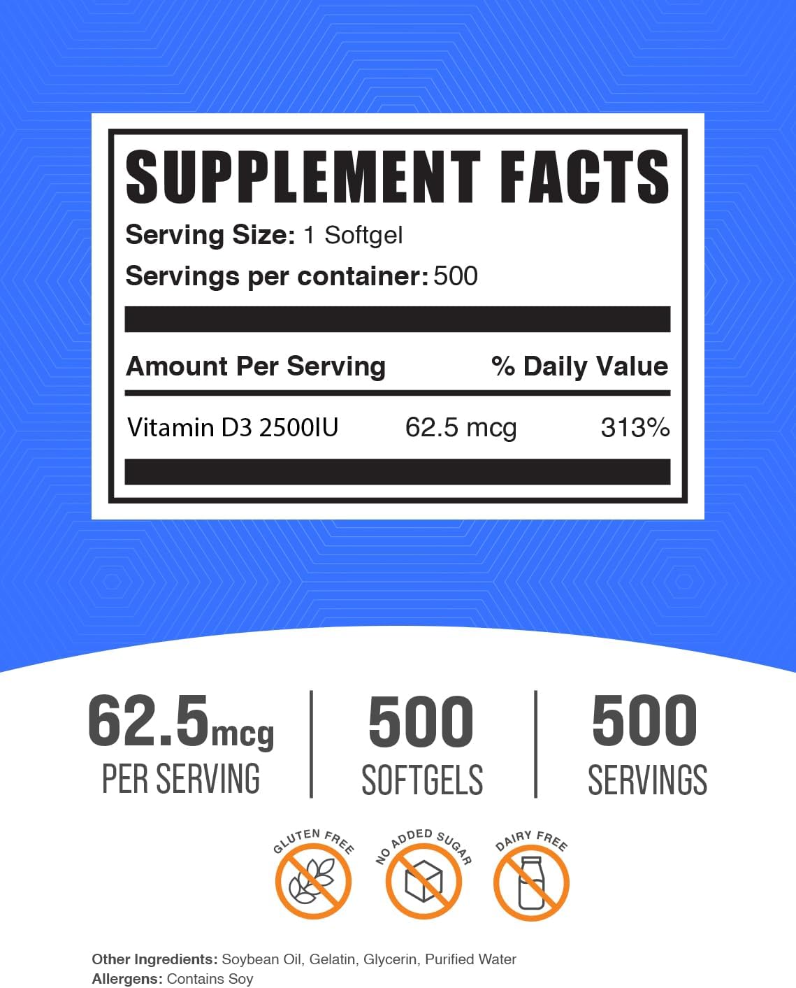 BulkSupplements.com Vitamina D3 2500 IU - 500 Cápsulas Blandas de Colecalciferol