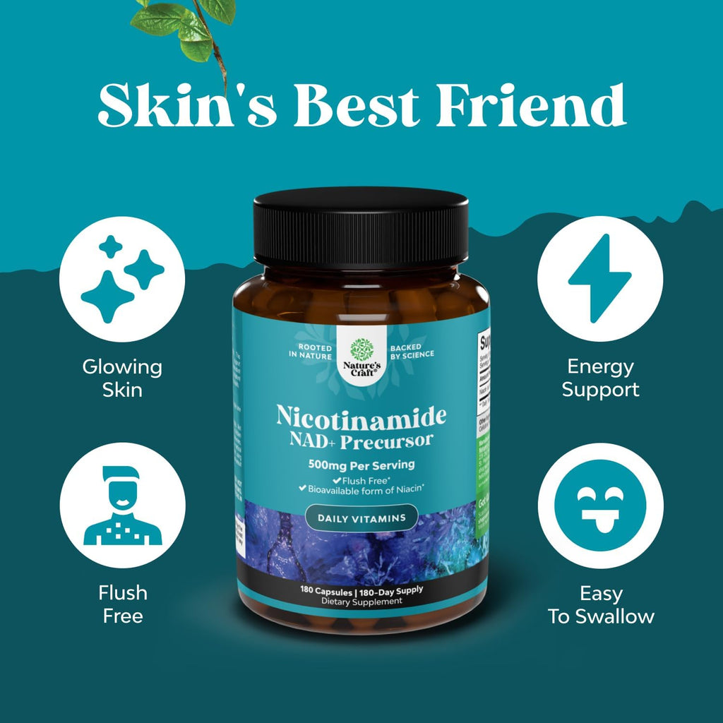 Vitamina B3 Niacinamida 500mg Cápsulas - Suplemento Energético y para la Piel - Nicotinamida Sin Flush - 180 Cápsulas