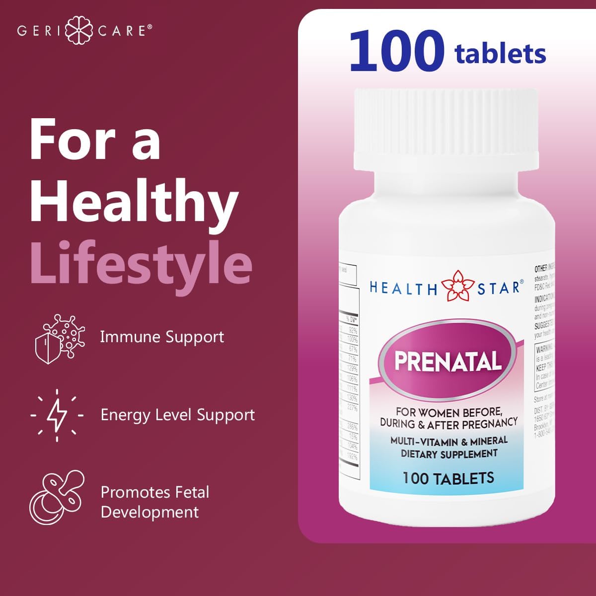 HealthStar Prenatal Multivitamin for Healthy Mom & Baby - Folate + Vitamin C + Vitamin D + Iron + Calcium + B12 - 100 Tablets