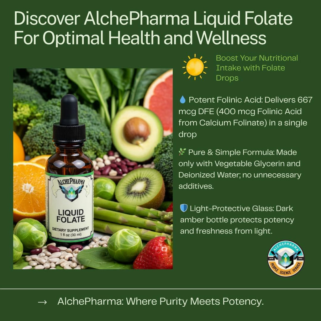 AlchePharma Folato Líquido - 667 mcg DFE (400 mcg Ácido Folínico) - 800 Dosis