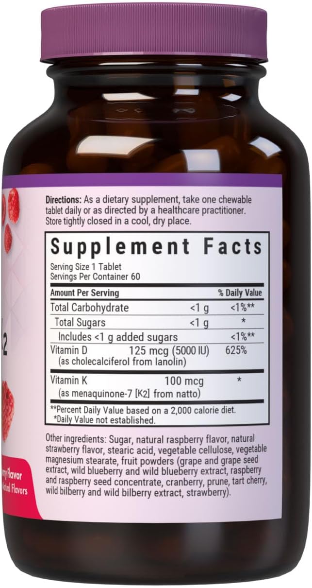 Bluebonnet Nutrition Vitamina D3 y K2 EarthSweet Comprimidos Masticables, 60 unidades