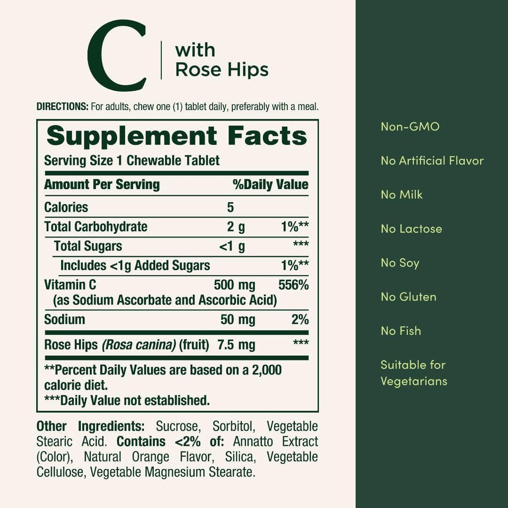 Nature's Bounty Vitamina C, Apoyo para un Sistema Inmunitario Saludable, 500 mg de Vitamina C con Escaramujo, 90 Comprimidos Masticables