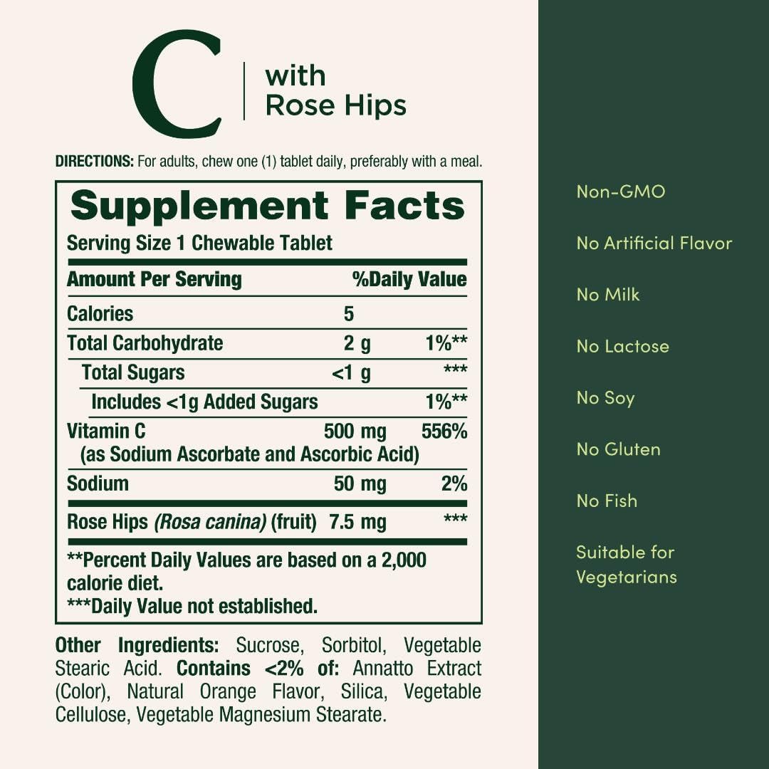 Nature's Bounty Vitamina C, Apoyo para un Sistema Inmunitario Saludable, 500 mg de Vitamina C con Escaramujo, 90 Comprimidos Masticables