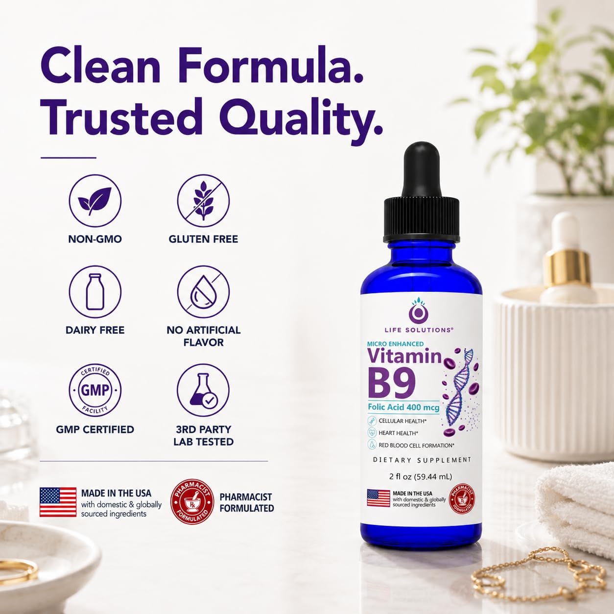 Life Solutions Vitamin B9 Gotas Líquidas de Ácido Fólico 400 mcg, 60 ml