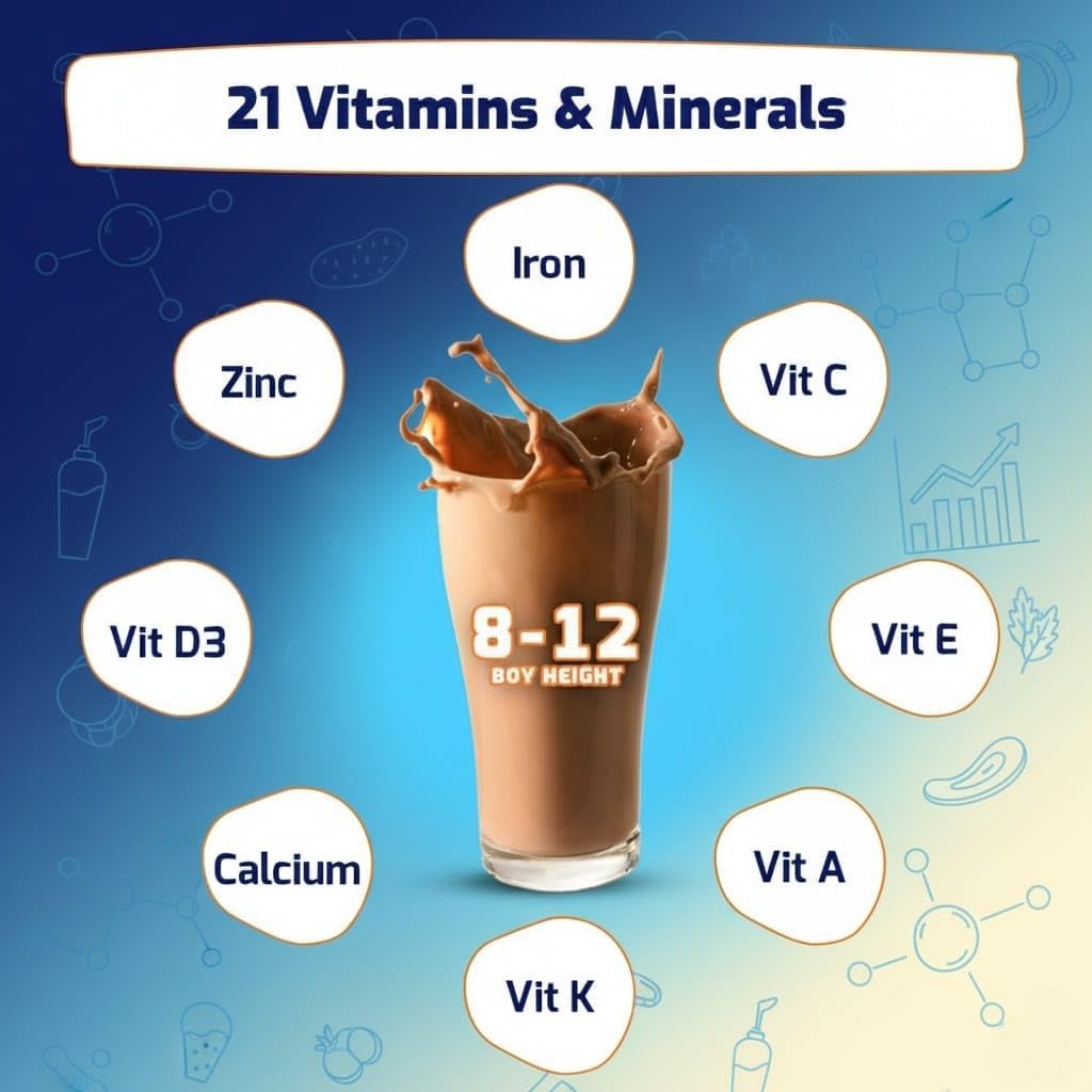 Supermilk Height+ para niños de 8 a 12 años, bebida saludable en polvo, alto contenido proteico con calcio + D3, 21 vitaminas y minerales, sin azúcar refinado, chocolate doble natural, 400 g