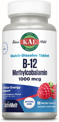 KAL Vitamina B12 Metilcobalamina 1000mcg, Comprimidos Sublinguales de Disolución Rápida, Sabor Frambuesa Natural, 90 Microcomprimidos