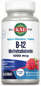 KAL Vitamina B12 Metilcobalamina 1000mcg, Comprimidos Sublinguales de Disolución Rápida, Sabor Frambuesa Natural, 90 Microcomprimidos