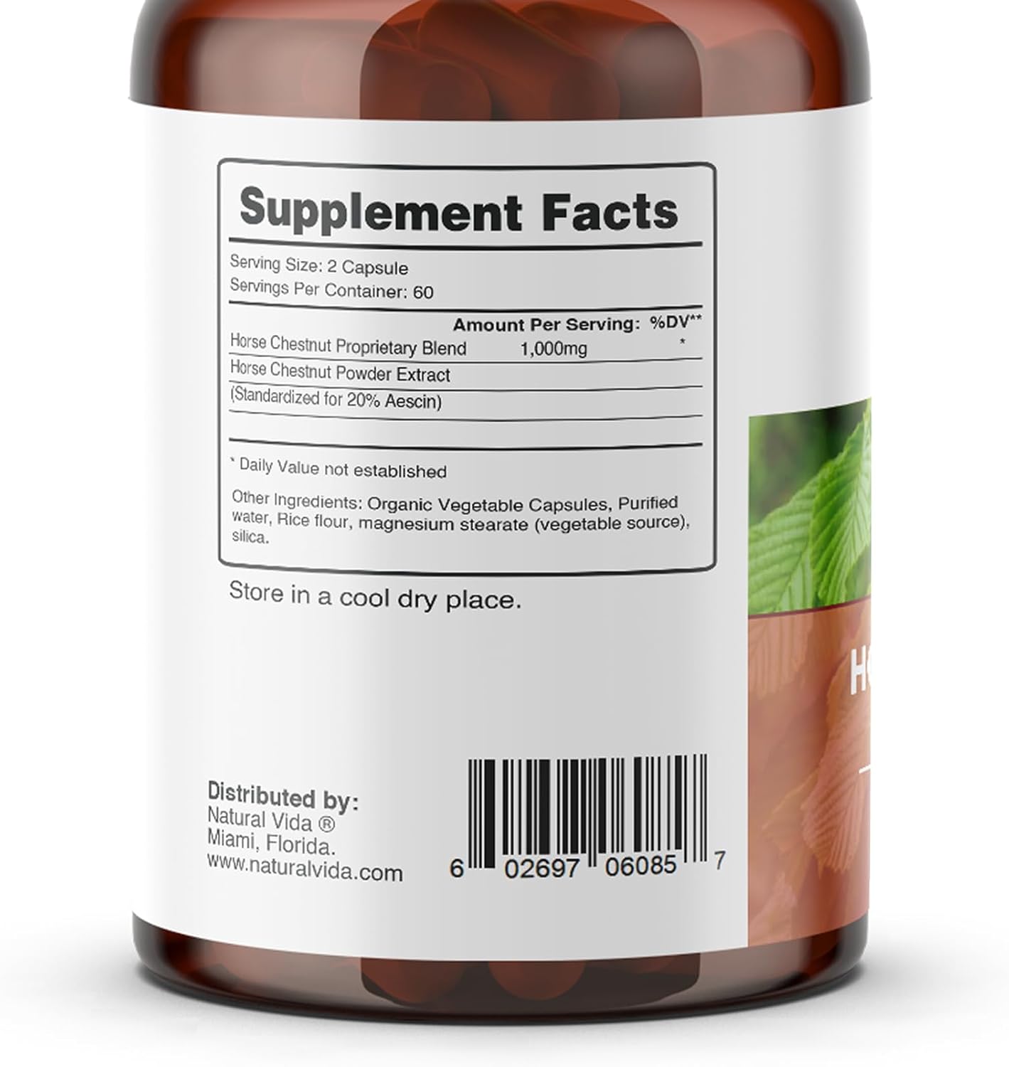 Natural Vida - Extracto de Castaño de Indias con Aescina 20% - 1000 mg - 120 Cápsulas Veganas
