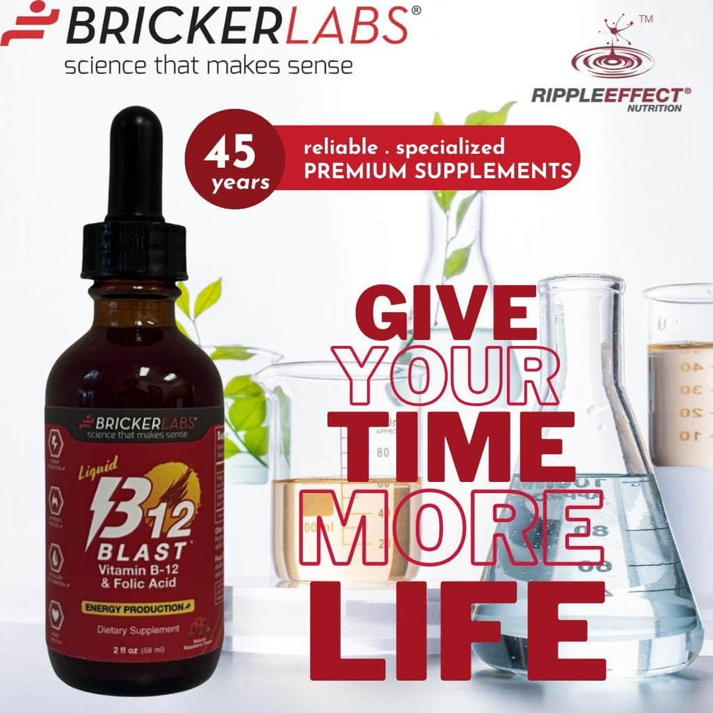 Bricker Labs B-12 Blast Liquid Vitamin B12 and Folic Acid, 59 ml (2 fl oz) - Raspberry Flavor