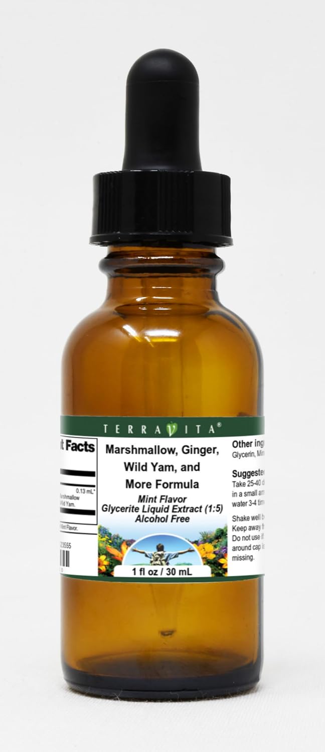 Terravita Marshmallow, Ginger, Wild Yam, and More Formula Glycerite Liquid Extract (1:5) - Mint Flavored (1 oz)