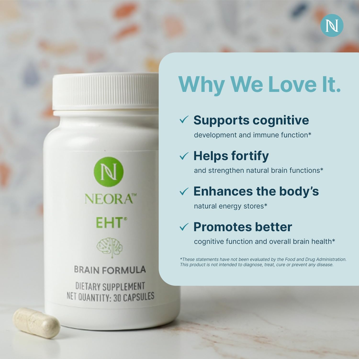 NEORA EHT Brain Formula - Fórmula Cerebral con EHT, B6, B12, D, Ácido Alfa Lipoico, Huperzina-A - 30 Cápsulas