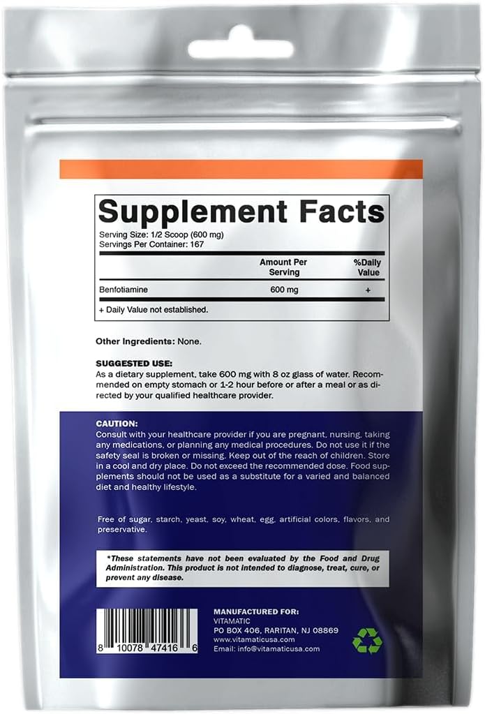 Vitamatic Benfotiamina en Polvo Pura 600 mg por Ración - 100 Gramos - Vitamina B1 Liposoluble