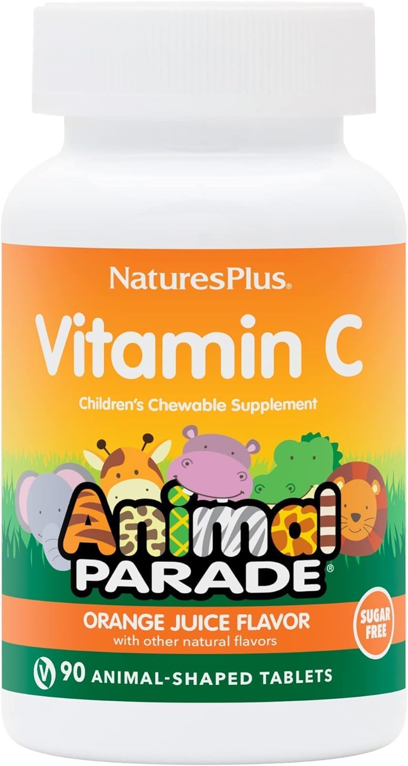 NaturesPlus Animal Parade Vitamina C Sin Azúcar para Niños, Sabor Natural a Zumo de Naranja - 90 Comprimidos Masticables con Forma de Animales - Apoyo Inmunológico - Sin Gluten - 45 Dosis