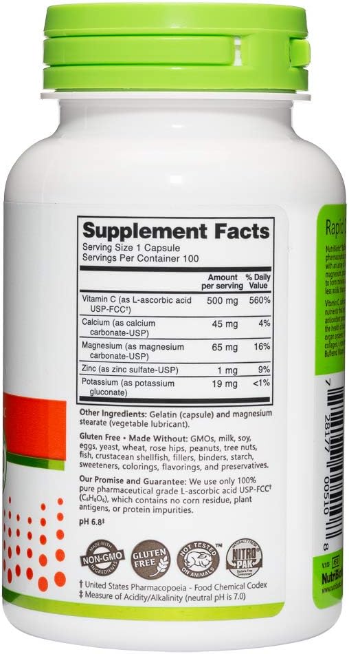 NutriBiotic Vitamina C Tamponada, 500 mg, 100 Cápsulas
