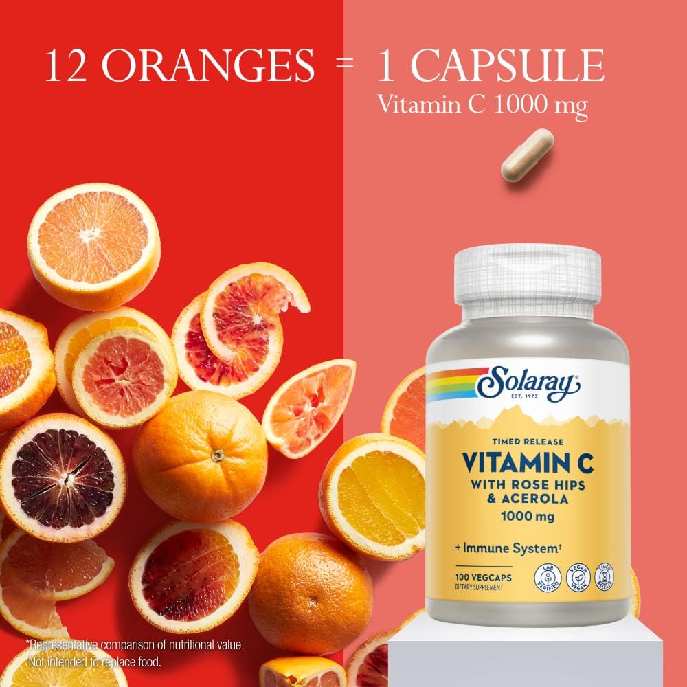 Solaray Vitamina C 1000 mg - Cápsulas de Liberación Prolongada con Rosa Mosqueta y Acerola - Apoyo Inmunitario - Vegano