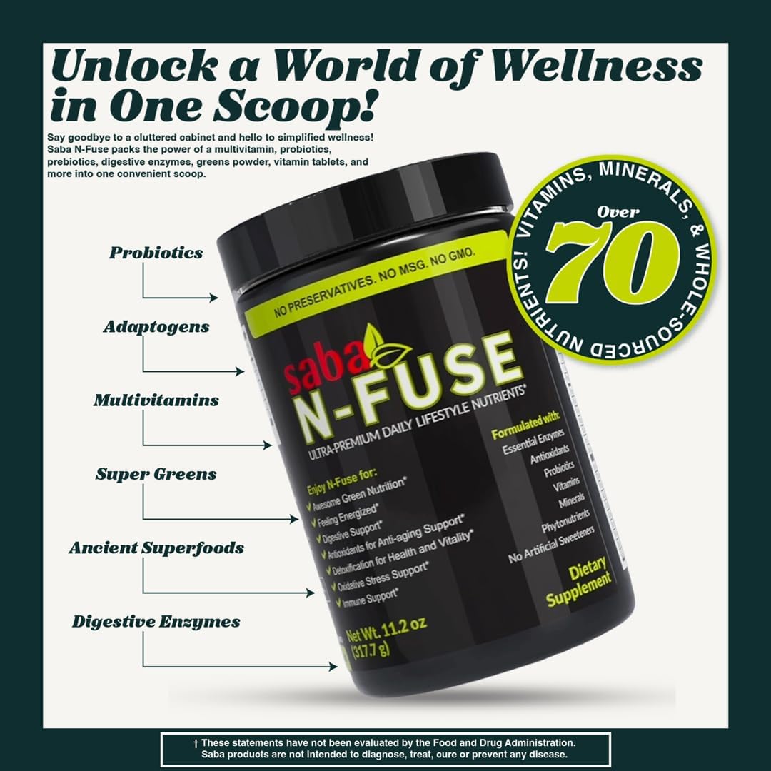 Saba N-Fuse Super Greens Powder – 50+ Superalimentos, Probióticos, Enzimas Digestivas y Adaptógenos