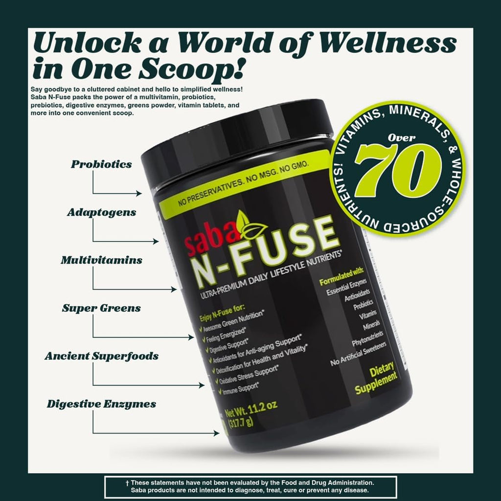 Saba N-Fuse™ Super Greens Powder – 50+ Superfoods, Probiotics, Digestive Enzymes & Adaptogens, 30 Servings