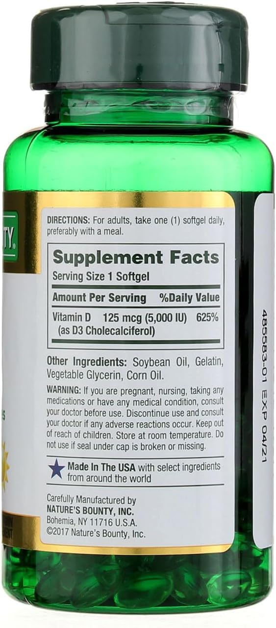 Nature's Bounty Vitamina D3 5000 UI, Softgels, 150 unidades (Paquete de 2)