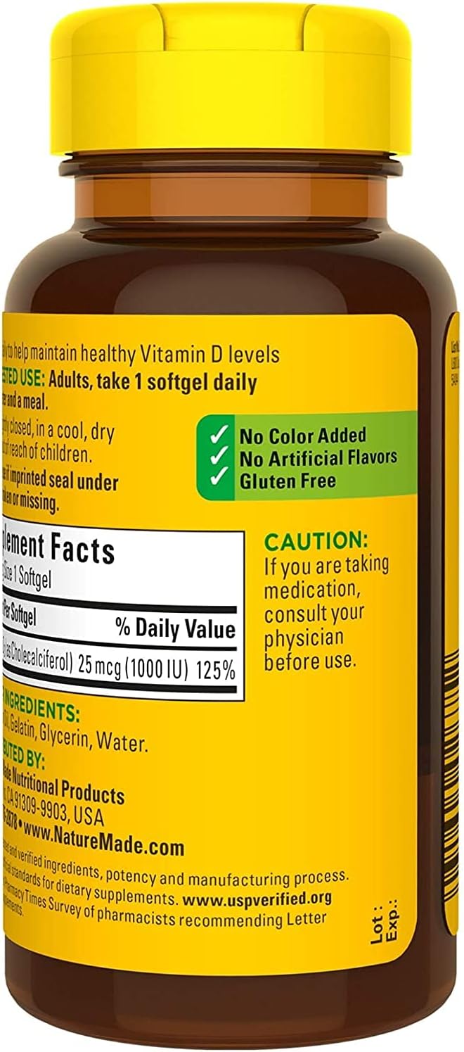 Nature Made Vitamina D3 1000 UI, 100 Cápsulas Blandas (Paquete de 2)