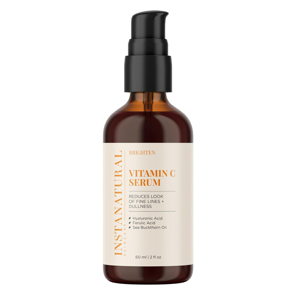 InstaNatural Sérum Facial de Vitamina C con Ácido Hialurónico y Ácido Ferúlico | Fórmula Iluminadora e Hidratante para una Piel Radiante y Suave - 60 ml