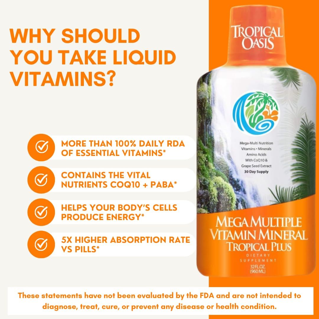 Tropical Oasis Mega Plus - Liquid Multivitamin and Mineral with CoQ10, Grape Seed Extract, and Organic Aloe Vera - 946 ml (32 oz)