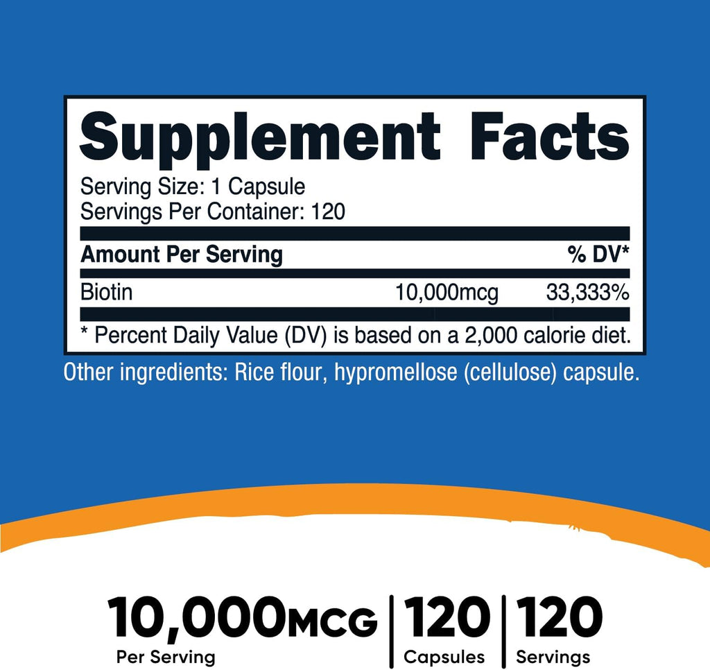 Nutricost Biotin (Vitamina B7) 10.000 mcg (10 mg), 120 Cápsulas - Vegano, Sin Gluten, No-GMO