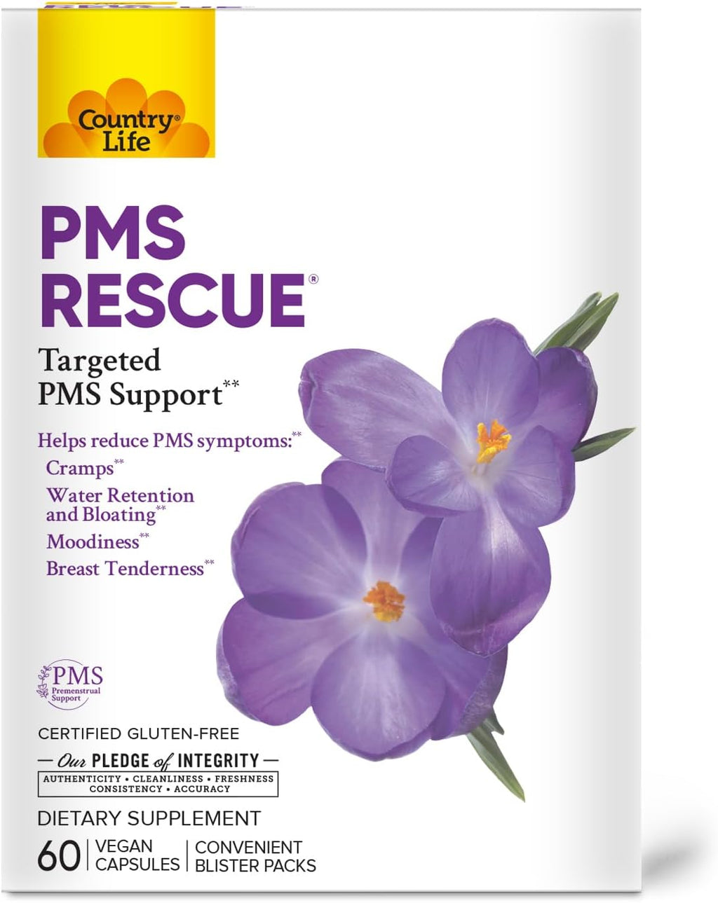 Country Life PMS Rescue - Complemento para el ciclo menstrual, 60 cápsulas veganas