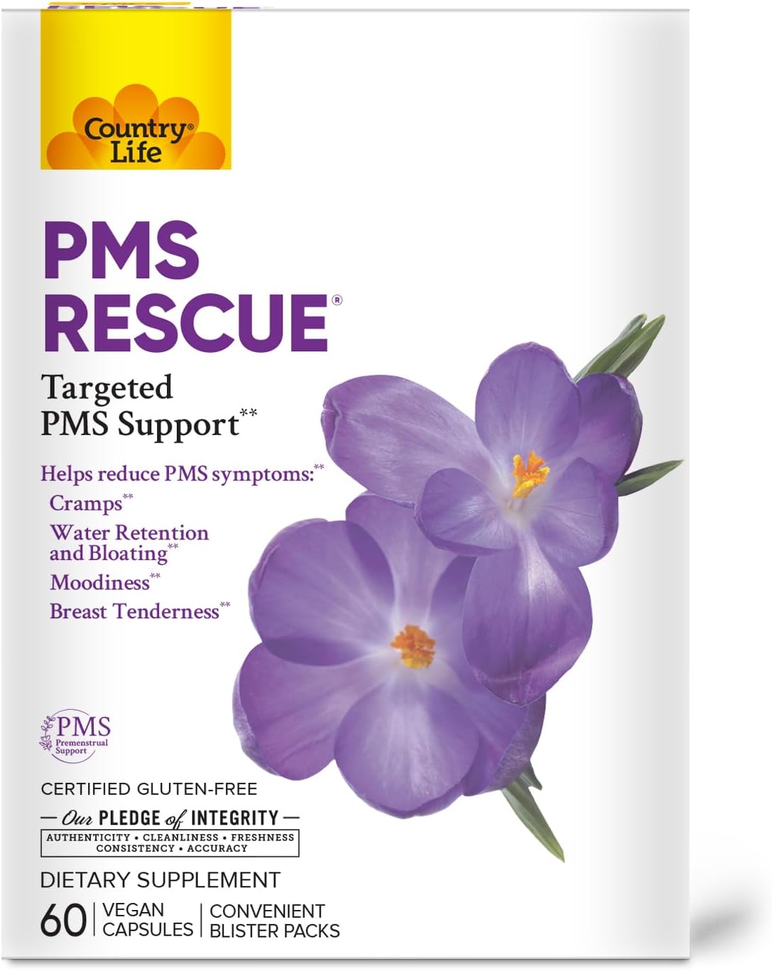 Country Life PMS Rescue - Complemento para el ciclo menstrual, 60 cápsulas veganas