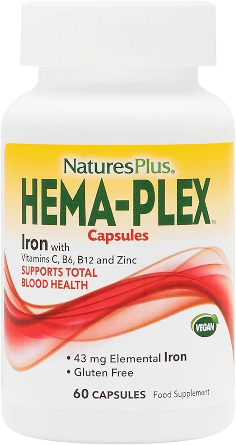 NaturesPlus Hema-Plex Iron - Hierro Quelado 85 mg con Vitamina C y Bioflavonoides - 60 Cápsulas - Vegano, Sin Gluten