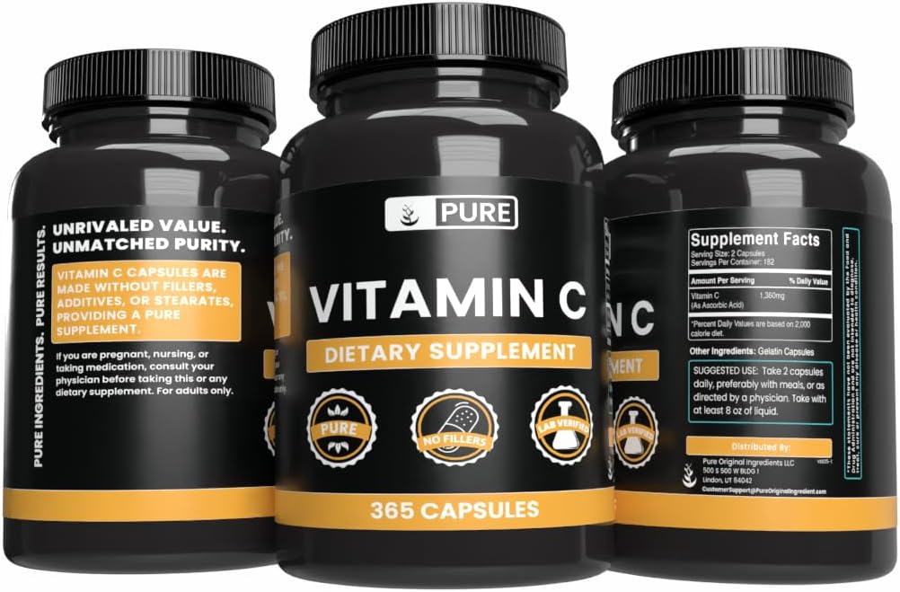 PURE ORIGINAL INGREDIENTS Vitamina C (365 Cápsulas) Sin Estearatos ni Rellenos de Arroz, Sin Gluten, Sin Aditivos