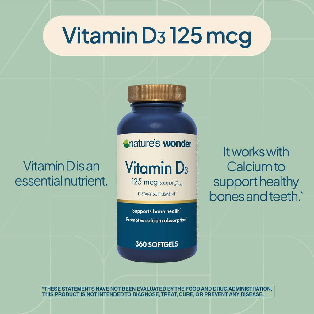 Nature's Wonder Vitamina D3 5000 UI (125 mcg) Alta Potencia, Suplemento para la Salud Ósea e Inmunidad, Sin Gluten, 360 Cápsulas Blandas, Suministro para 1 Año