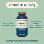 Nature's Wonder Vitamina D3 5000 UI (125 mcg) Alta Potencia, Suplemento para la Salud Ósea e Inmunidad, Sin Gluten, 360 Cápsulas Blandas, Suministro para 1 Año