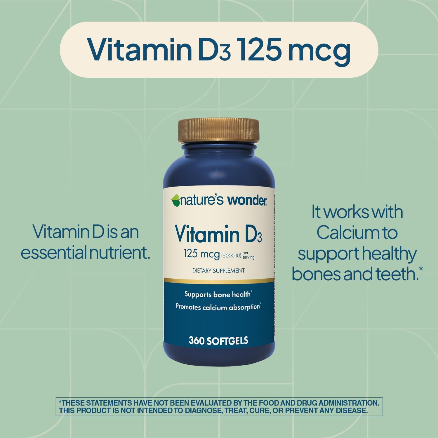 Nature's Wonder Vitamina D3 5000 UI (125 mcg) Alta Potencia, Suplemento para la Salud Ósea e Inmunidad, Sin Gluten, 360 Cápsulas Blandas, Suministro para 1 Año