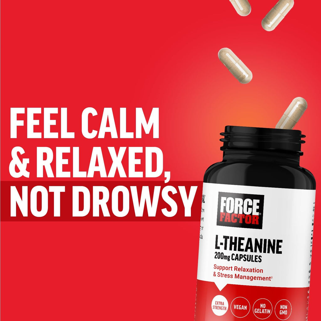 Force Factor L-Teanina 200mg, Suplemento Extra Fuerte para el Alivio del Estrés y la Relajación, Vegano, Sin OGM, 60 Cápsulas Vegetales
