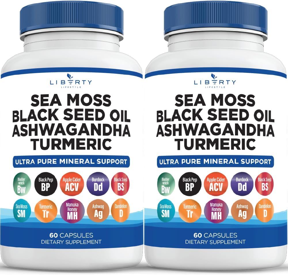 Liberty Lifestyle Sea Moss Black Seed Oil Ashwagandha Turmeric Bladderwrack Burdock - con Manuka, Honey Dandelion, ACV Black Pepper Gluten Free - 1-Pack