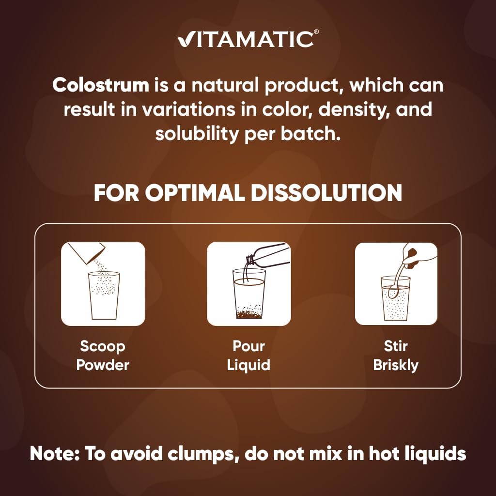 Polvo de Calostro Bovino Vitamatic - Suplemento para la Salud Intestinal, Inmunidad y Recuperación - 81 Gramos - 30 Dosis (Sabor Chocolate)