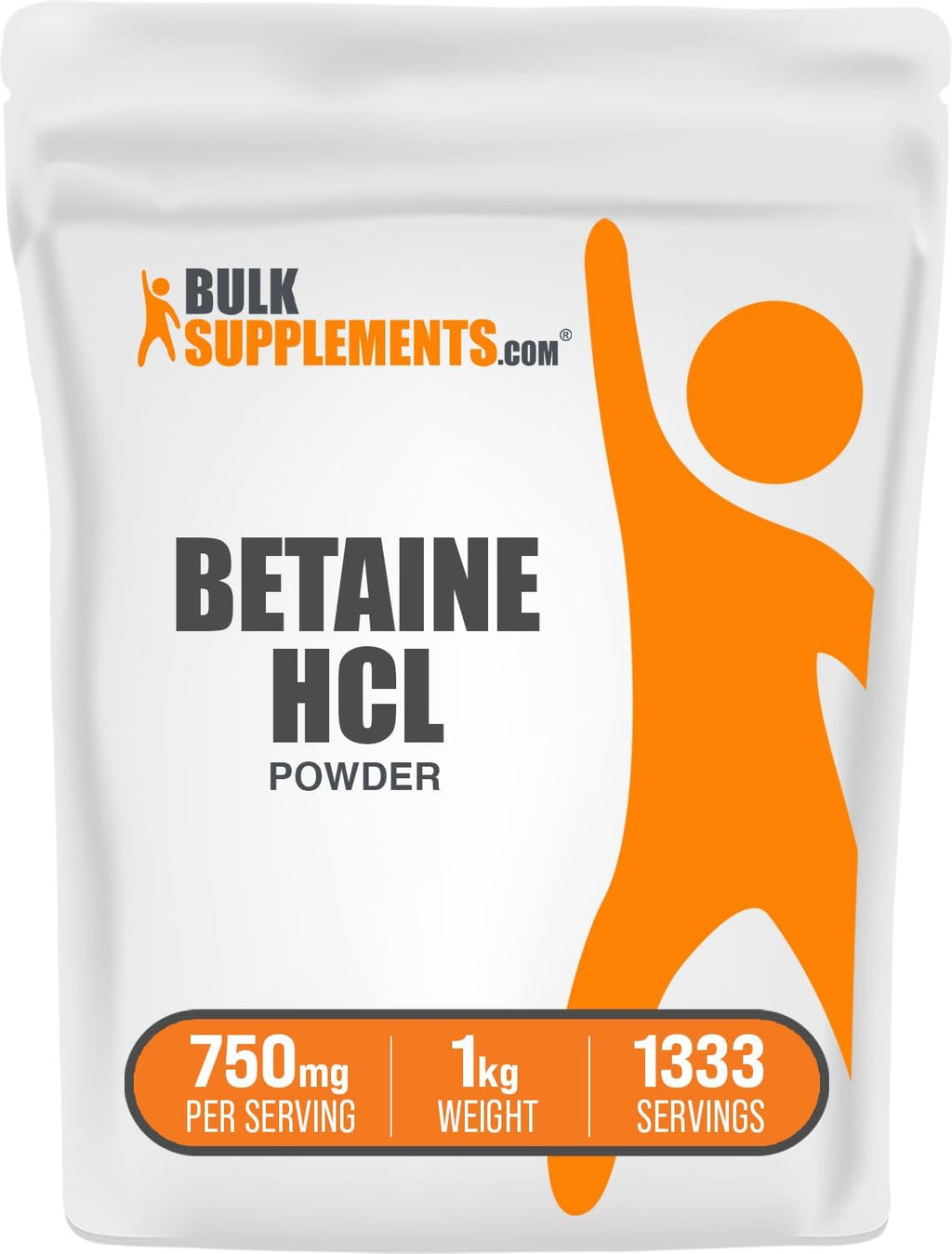BulkSupplements Betaina HCl en Polvo - Suplemento de Clorhidrato de Betaína, Apoyo Digestivo - Sin Gluten, 750mg por Ración, 1kg (2.2 lbs)