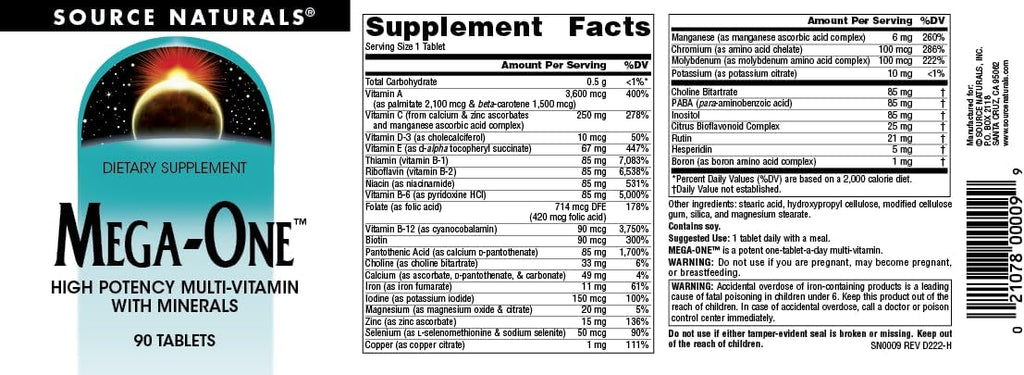 Source Naturals Mega-One Multivitamínico con Minerales - 90 Comprimidos