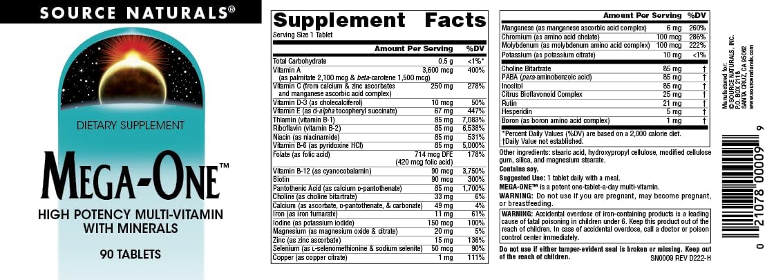 Source Naturals Mega-One Multivitamínico con Minerales - 90 Comprimidos